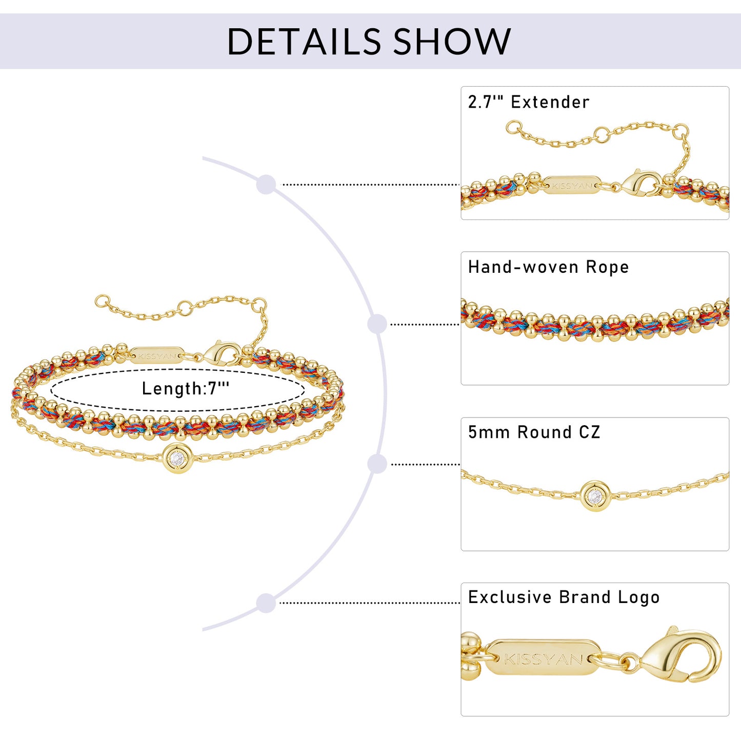 KissYan Adjustable Sports String Stackable Bracelet 14K Gold Plated