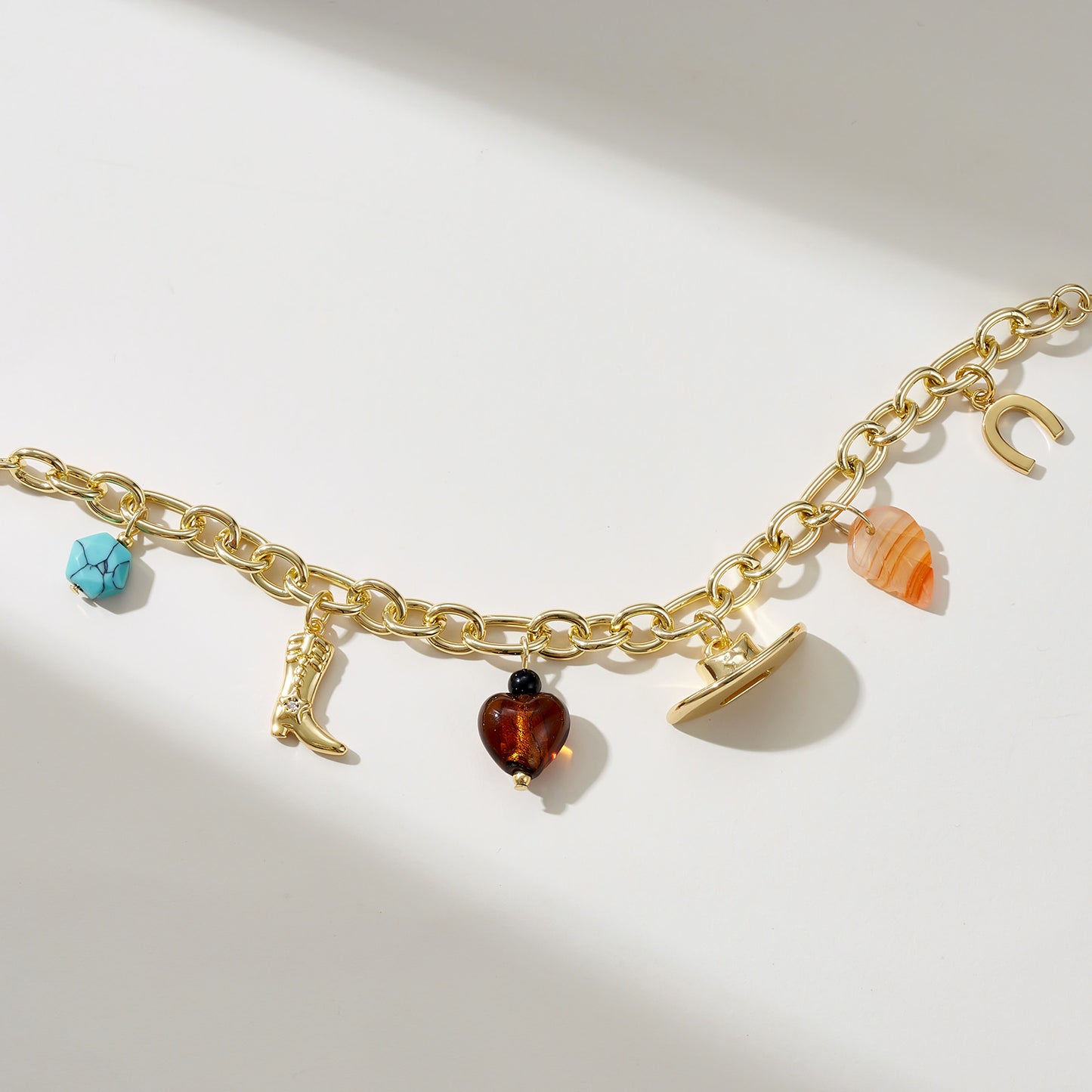 KissYan Cowgirl Western Charm Bracelets, 14K Gold Plated Boot Horseshoe Turquoise Pendant Chain