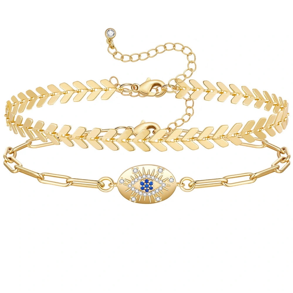 Dainty 14k Gold Plated Layering Evil Eye Anklets Set Oval Evil Eye Fishbone