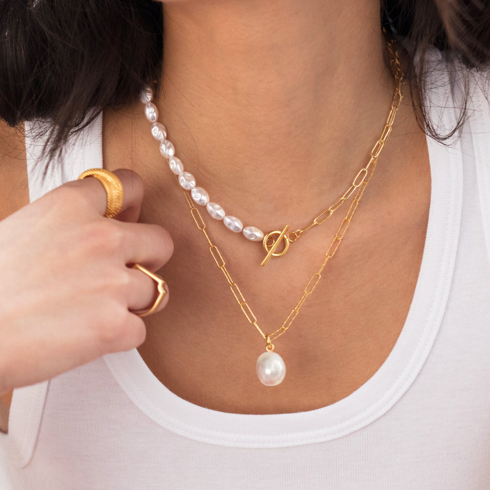 Elegant Half Pearl Half Paperclip Link Chain in 14K Gold Plating