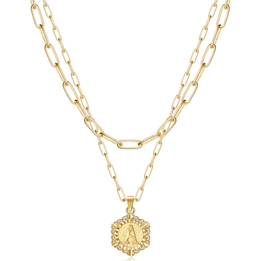 14K Gold Initial Pendant Paperclip Link Necklace on White Background