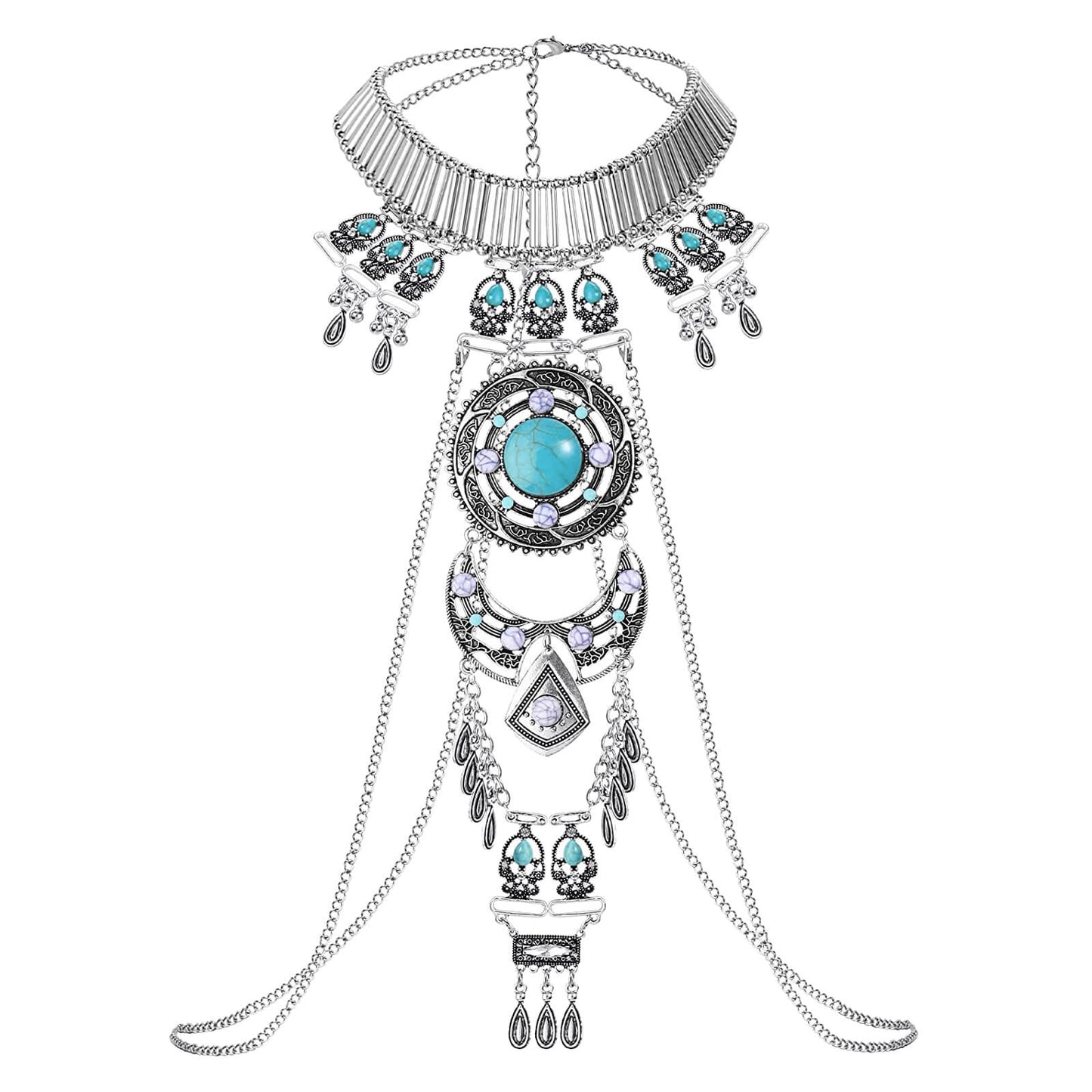 Boho Statement Turquoise Necklace Dancer Necklace Crossover Harness Bikini Waist Belly Sexy Body Chains for Women