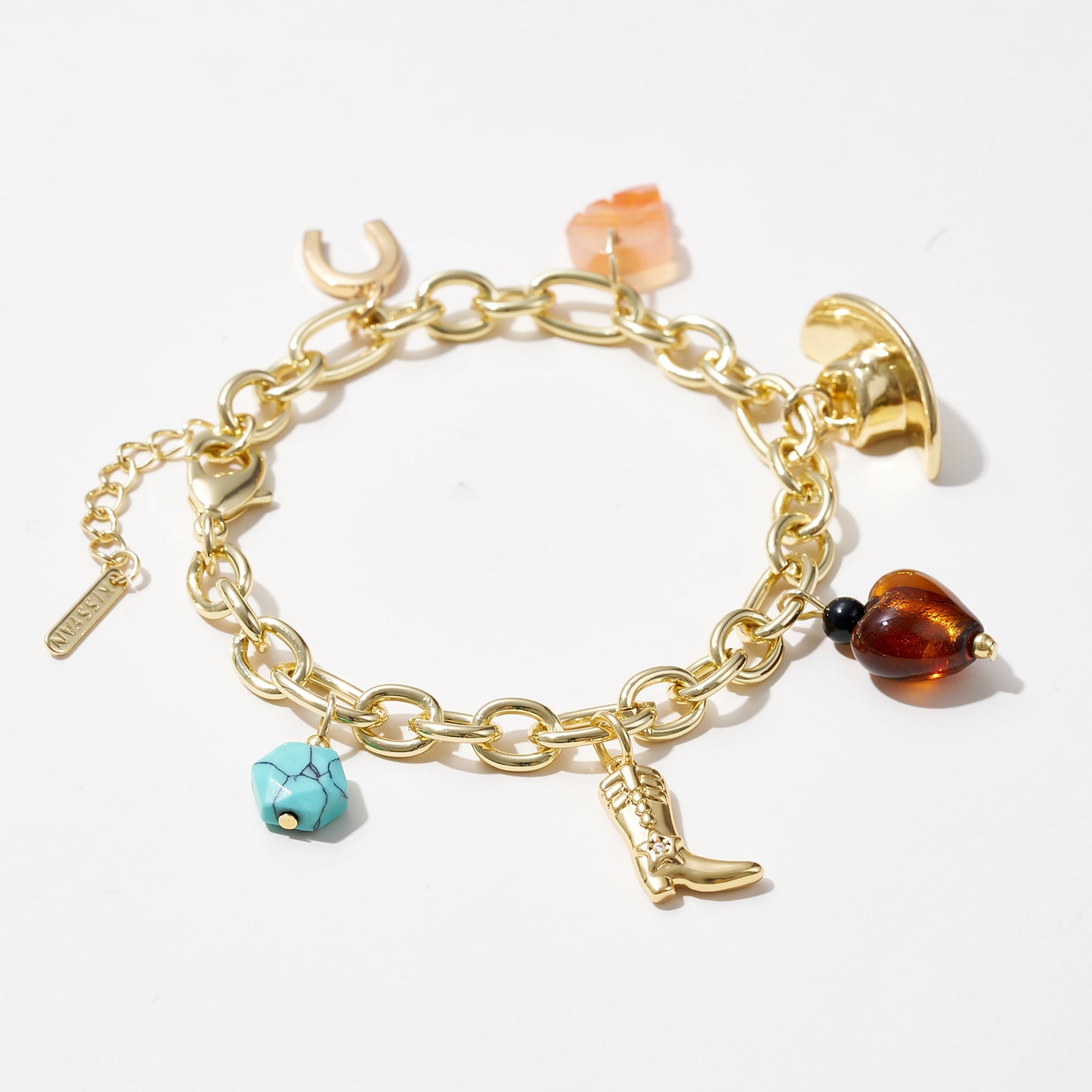 KissYan Cowgirl Western Charm Bracelets, 14K Gold Plated Boot Horseshoe Turquoise Pendant Chain