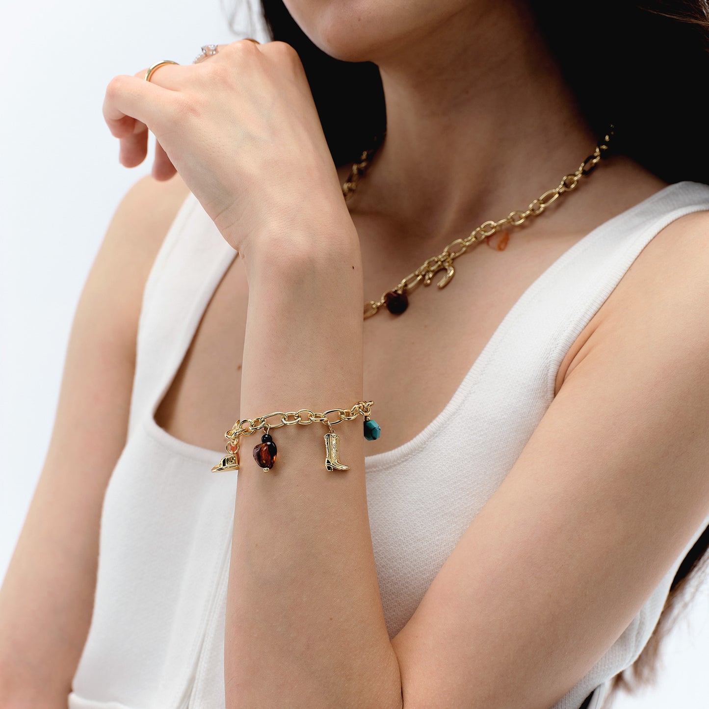 KissYan Cowgirl Western Charm Bracelets, 14K Gold Plated Boot Horseshoe Turquoise Pendant Chain