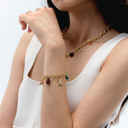 KissYan Cowgirl Western Charm Bracelets, 14K Gold Plated Boot Horseshoe Turquoise Pendant Chain