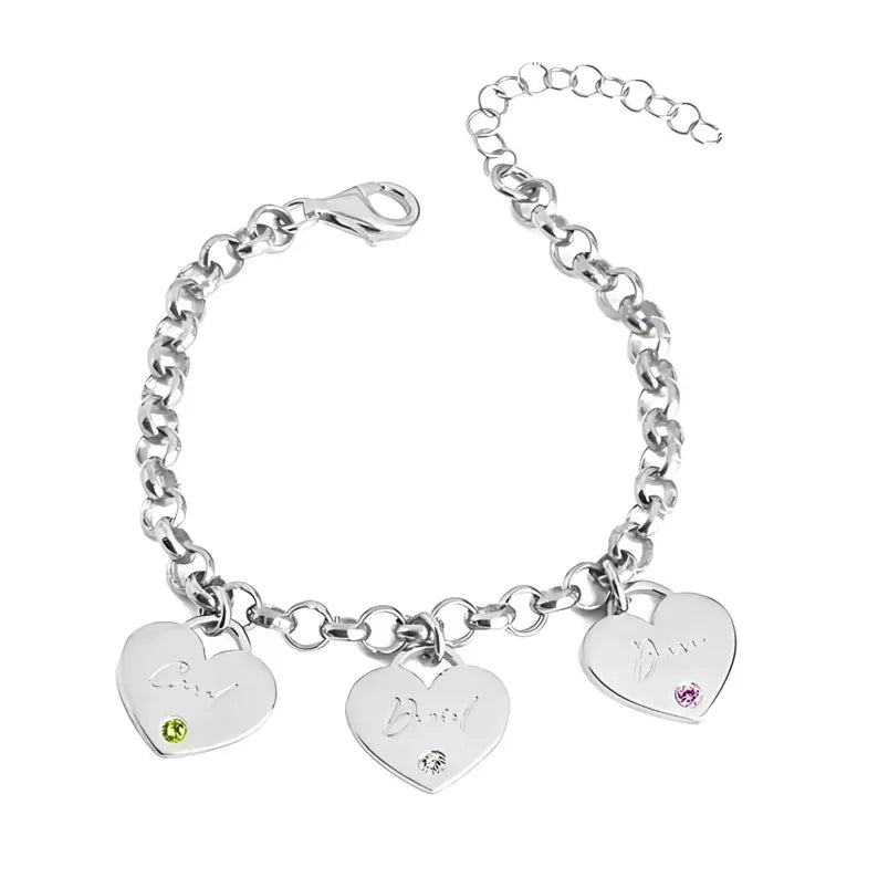 Personalized Mother's Heart Bracelet with Custom Names & Birthstones in Sterling Silver