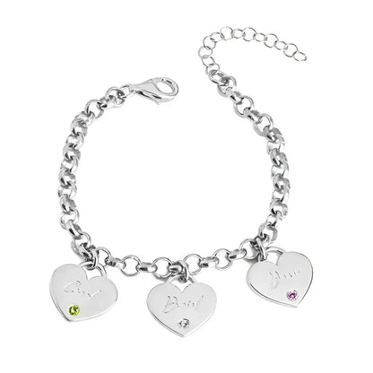 Personalized Mother's Heart Bracelet with Custom Names & Birthstones in Sterling Silver