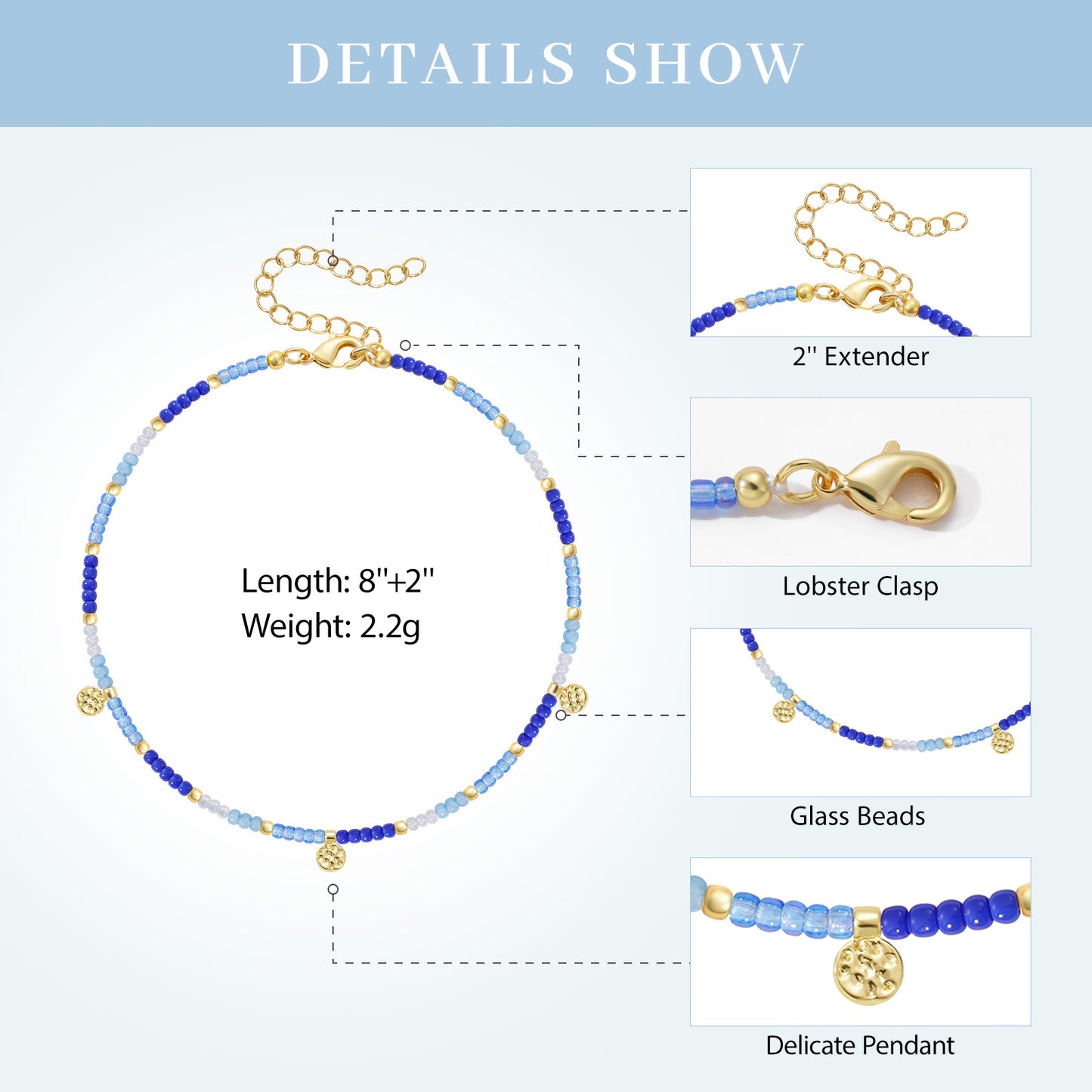 KissYan Beaded Ankle Bracelet with Charm, Waterproof Gift for Women