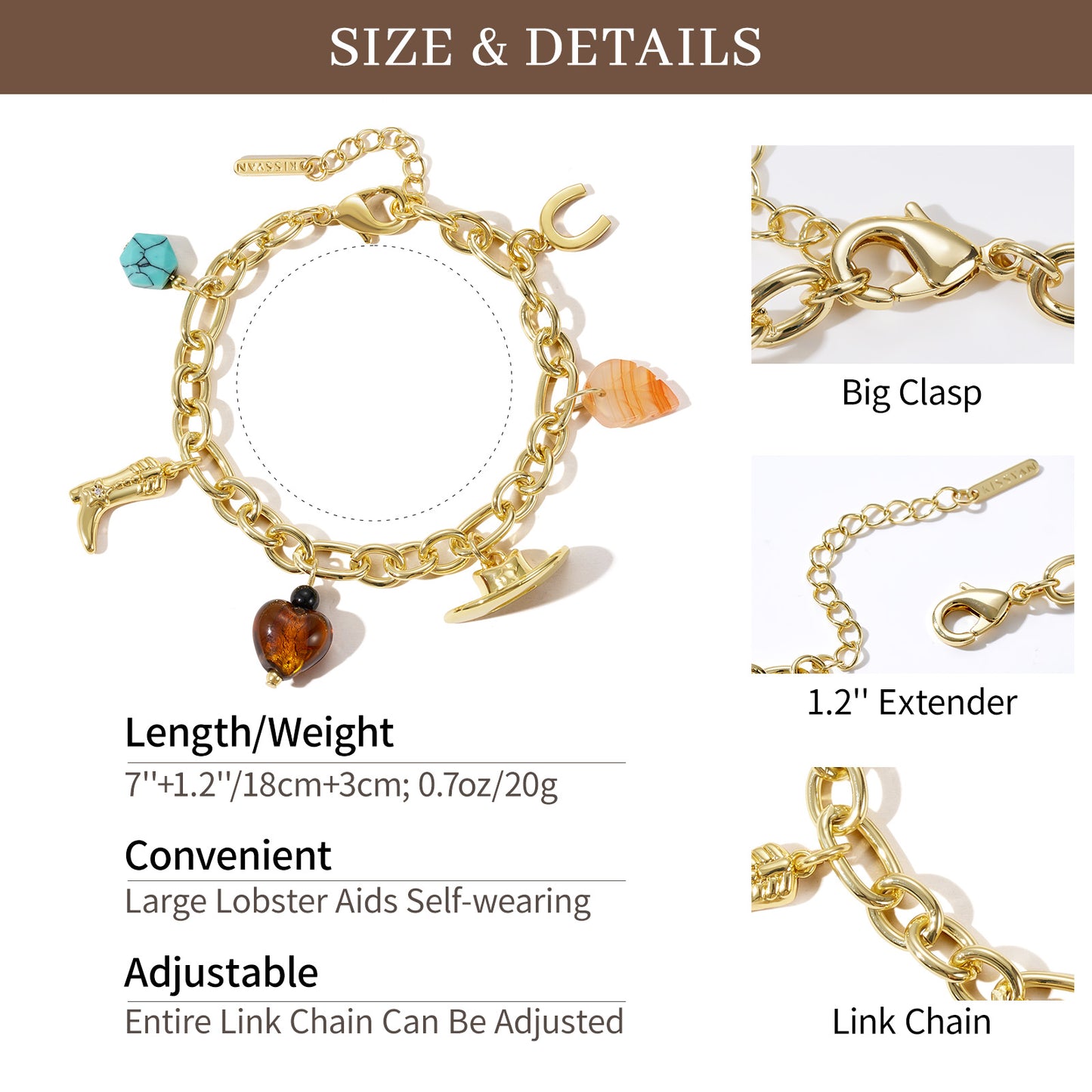 KissYan Cowgirl Western Charm Bracelets, 14K Gold Plated Boot Horseshoe Turquoise Pendant Chain
