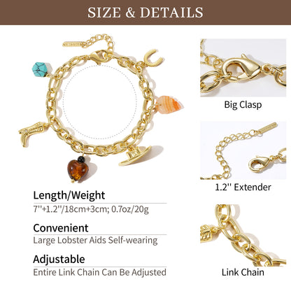 KissYan Cowgirl Western Charm Bracelets, 14K Gold Plated Boot Horseshoe Turquoise Pendant Chain