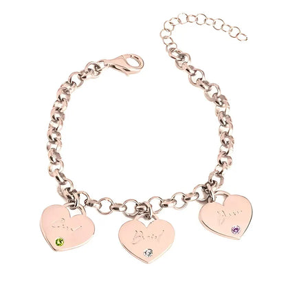 Personalized Mother's Heart Bracelet with Custom Names & Birthstones in Sterling Silver
