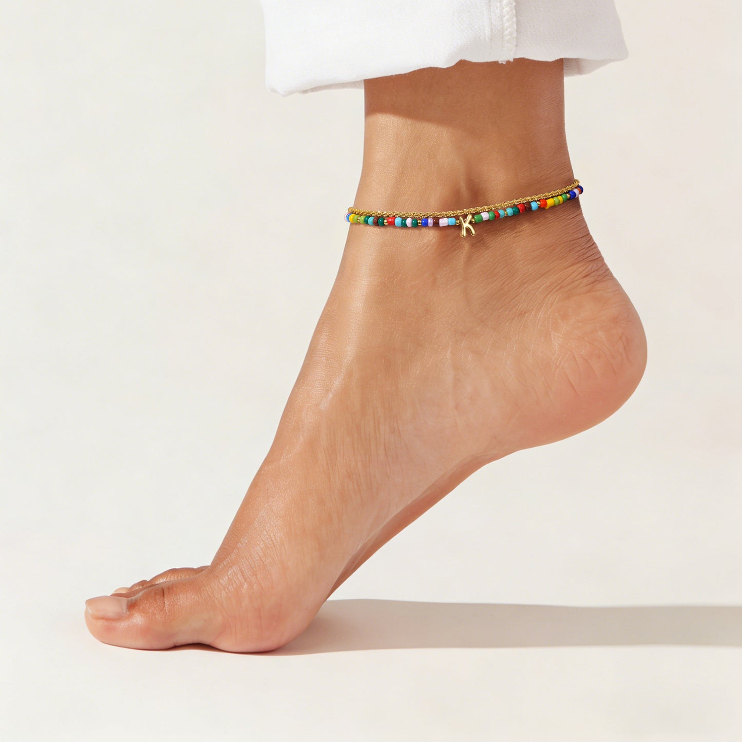KissYan Initial Layered Colorful Beaded Anklet 14K Gold Chain
