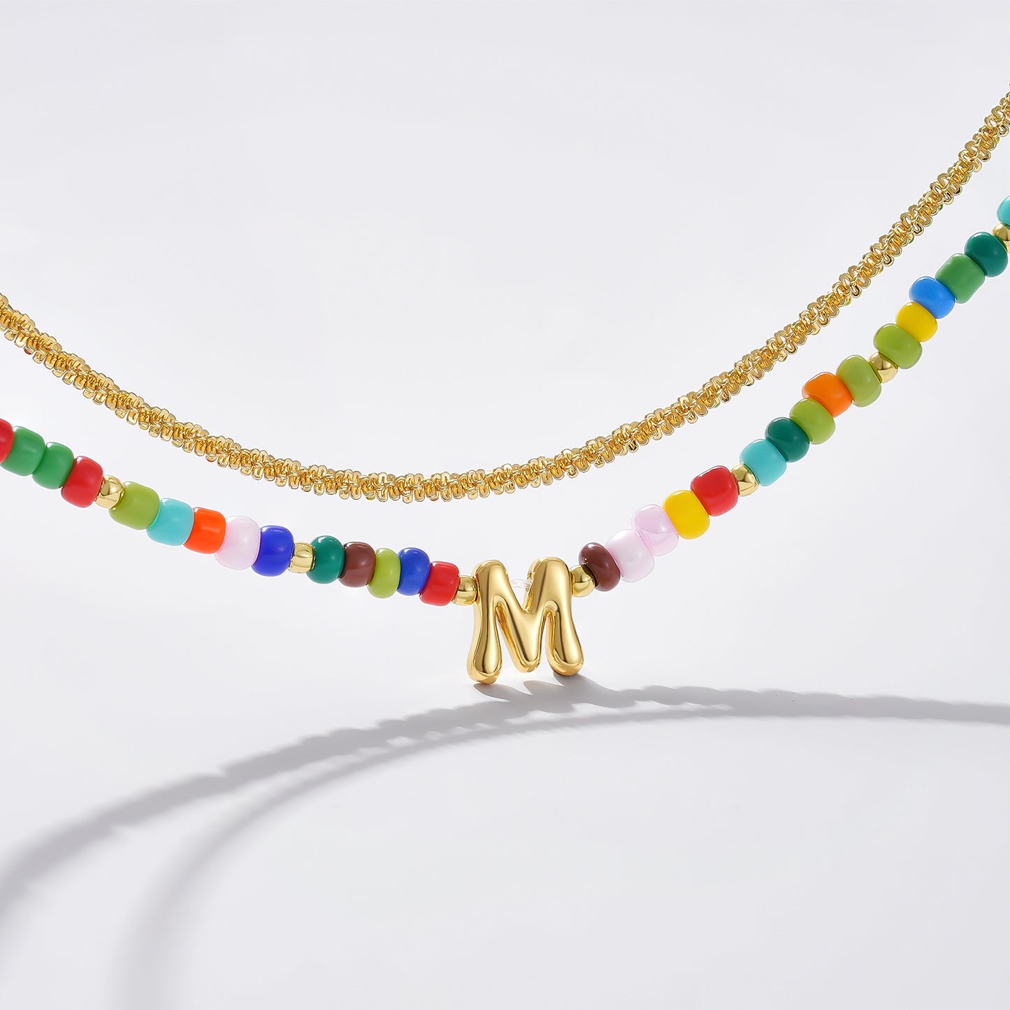 KissYan Initial Layered Colorful Beaded Anklet 14K Gold Chain