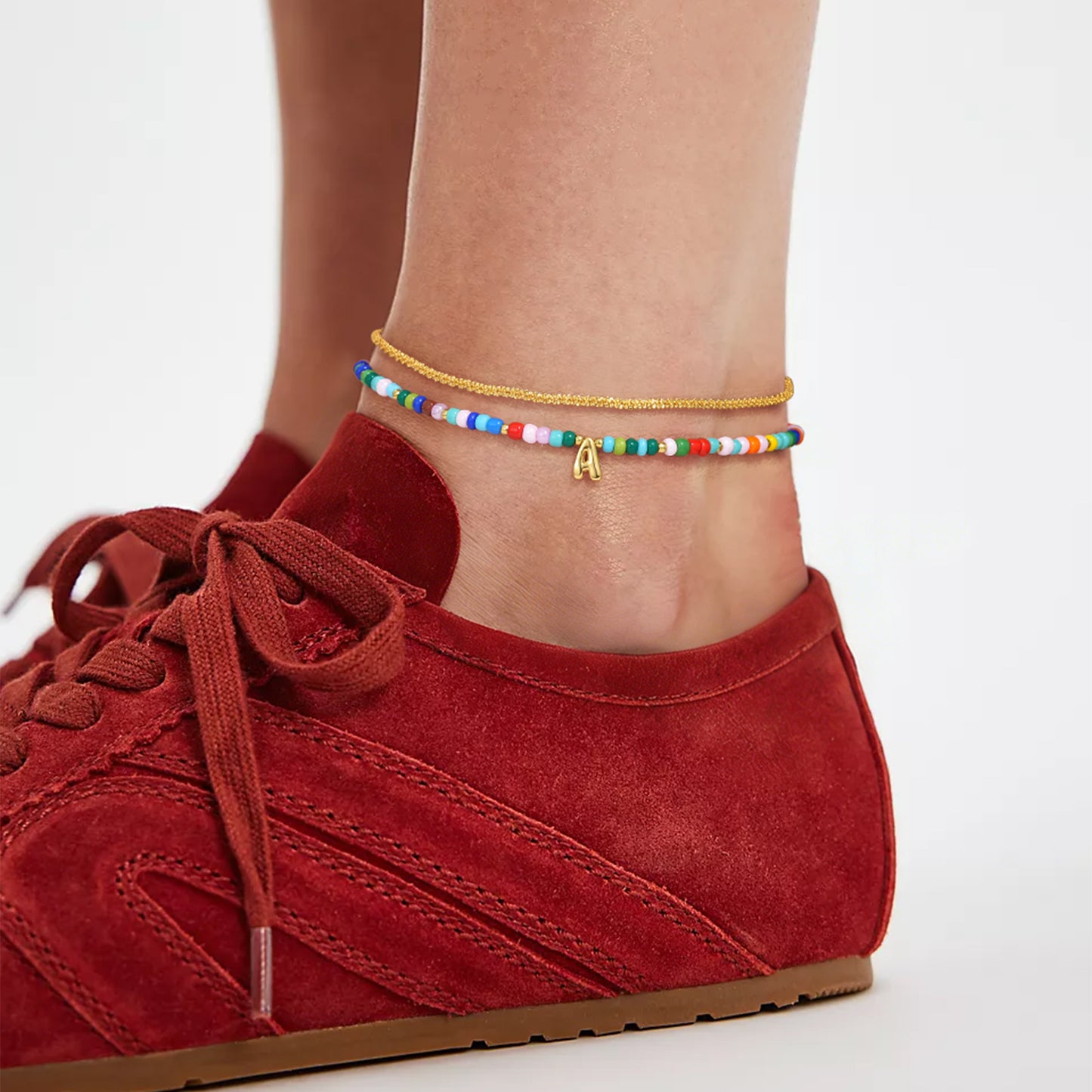 KissYan Initial Layered Colorful Beaded Anklet 14K Gold Chain