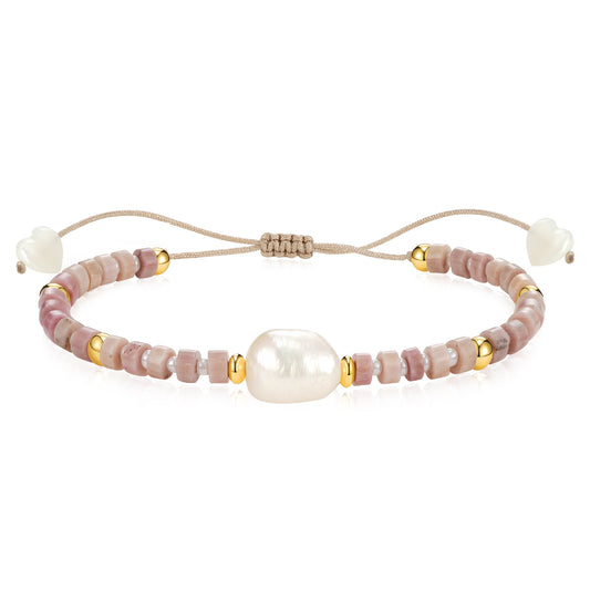 Adjustable Healing Crystal Bracelet Natural Rhodochrosite Gemstones Beads with Irregular Pearl