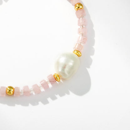 Adjustable Healing Crystal Bracelet Natural Rose Quartz Gemstones Beads with Irregular Pearl