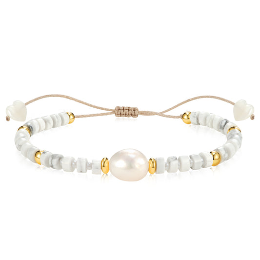 Adjustable Healing Crystal Bracelet Natural Howlite Gemstone Beads with Irregular Pearl