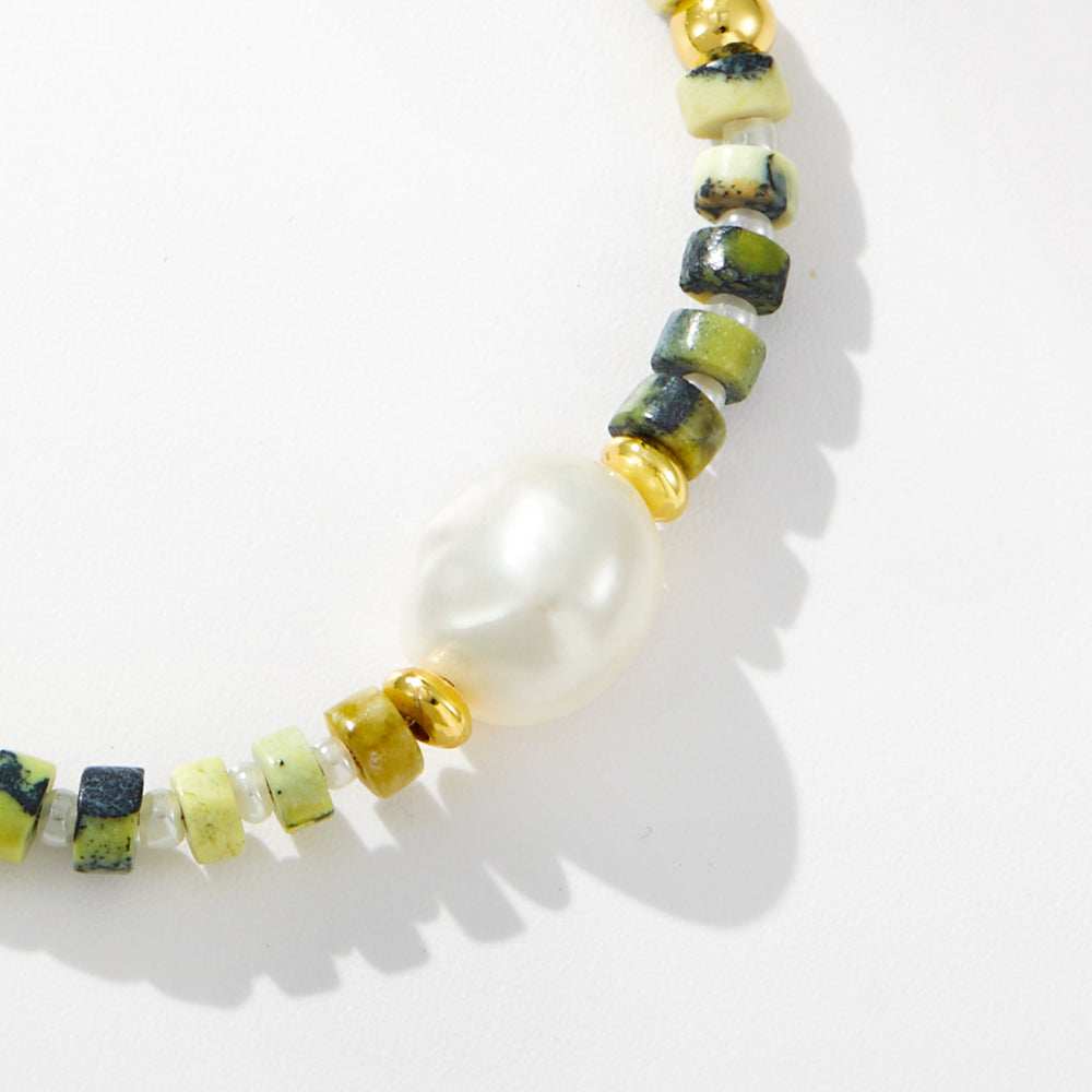 Adjustable Healing Crystal Bracelet Natural Lime-green Turquoise Gemstone Beads with Irregular Pearl