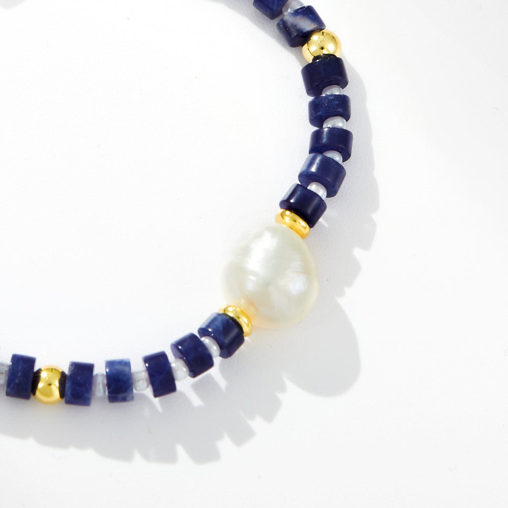 Adjustable Healing Crystal Bracelet Natural Sodalite Gemstone Beads with Irregular Pearl