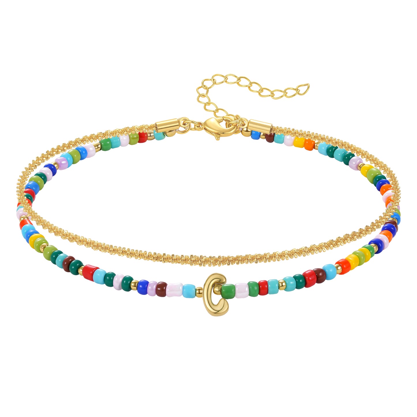 KissYan Initial Layered Colorful Beaded Anklet 14K Gold Chain