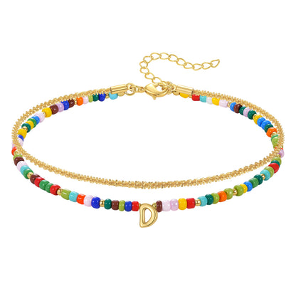 KissYan Initial Layered Colorful Beaded Anklet 14K Gold Chain