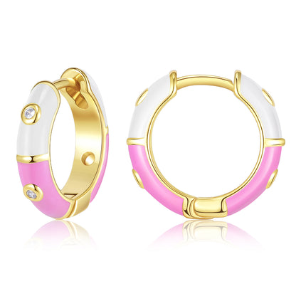 Dainty Dual-color Enamel Small Hoop Colorful Cute Huggie Earrings with White-Pink Color