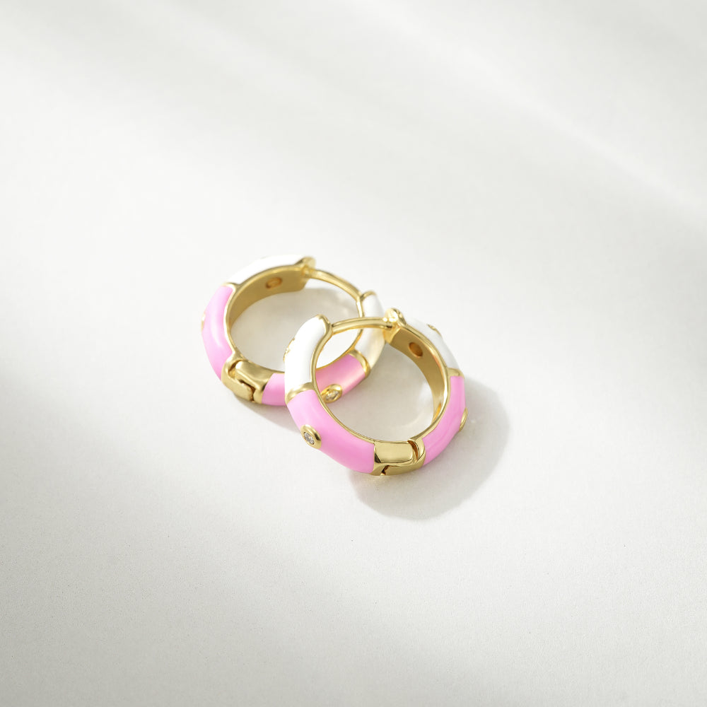 Dainty Dual-color Enamel Small Hoop Colorful Cute Huggie Earrings with White-Pink Color