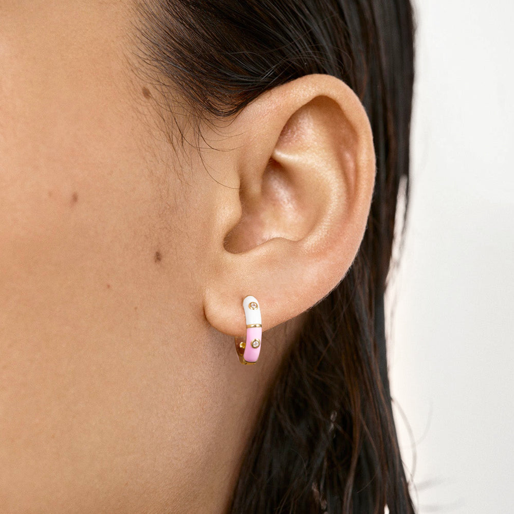 Dainty Dual-color Enamel Small Hoop Colorful Cute Huggie Earrings with White-Pink Color