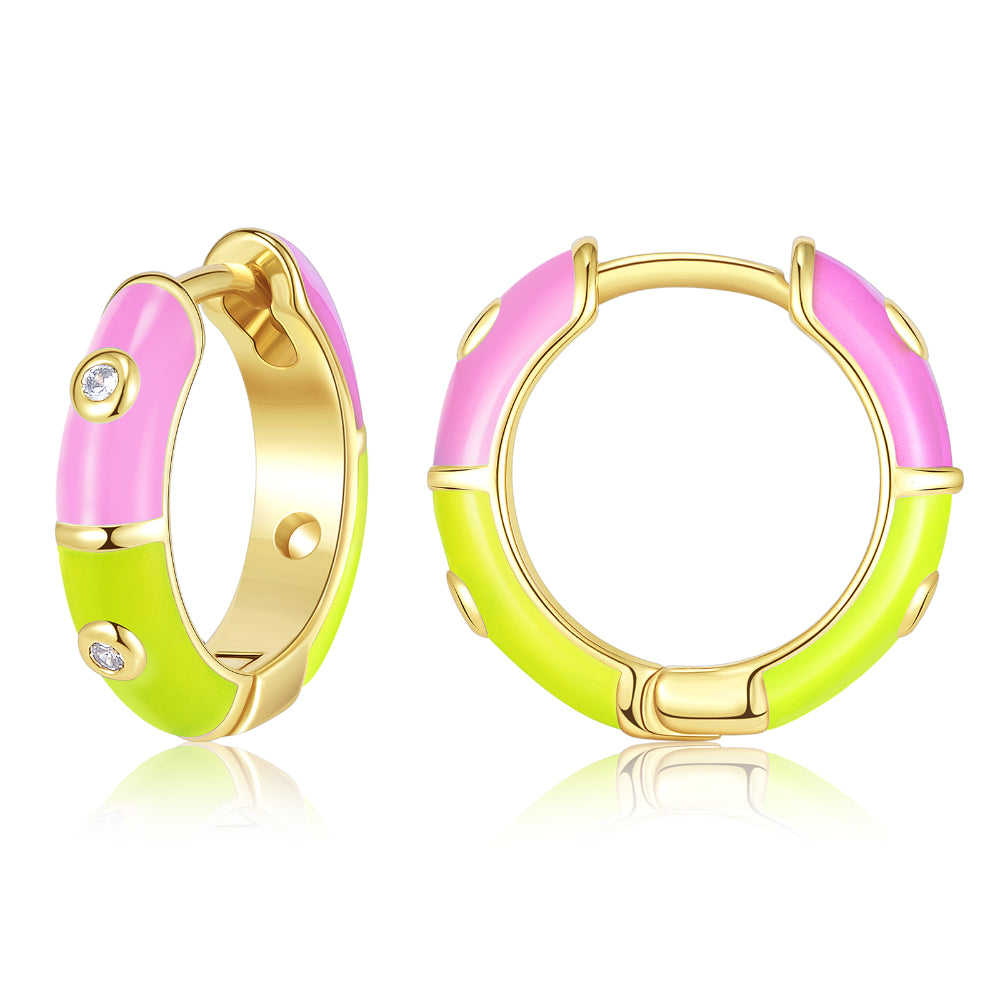 Dainty Dual-color Enamel Small Hoop Colorful Cute Huggie Earrings Color with Yellow-Pink