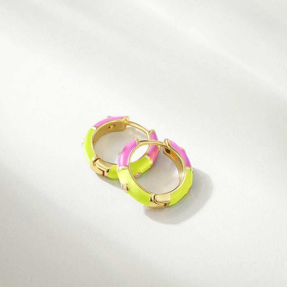 Dainty Dual-color Enamel Small Hoop Colorful Cute Huggie Earrings Color with Yellow-Pink