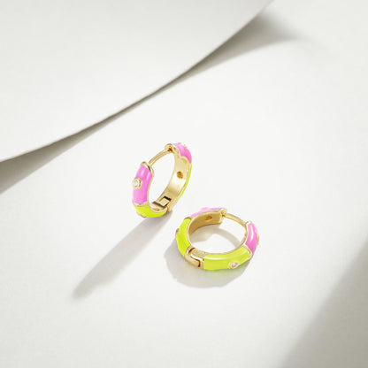 Dainty Dual-color Enamel Small Hoop Colorful Cute Huggie Earrings Color with Yellow-Pink