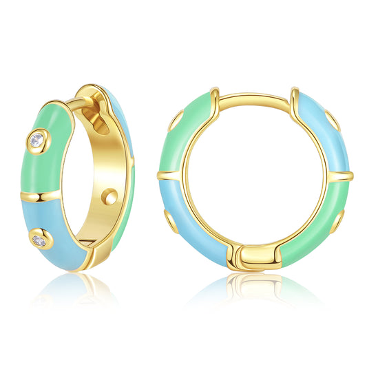 Dainty Dual-color Enamel Small Hoop Colorful Cute Huggie Earrings Color with Blue-Green