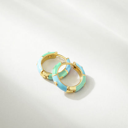 Dainty Dual-color Enamel Small Hoop Colorful Cute Huggie Earrings Color with Blue-Green