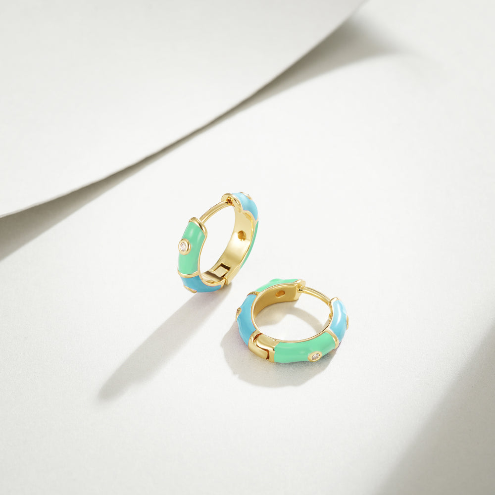 Dainty Dual-color Enamel Small Hoop Colorful Cute Huggie Earrings Color with Blue-Green