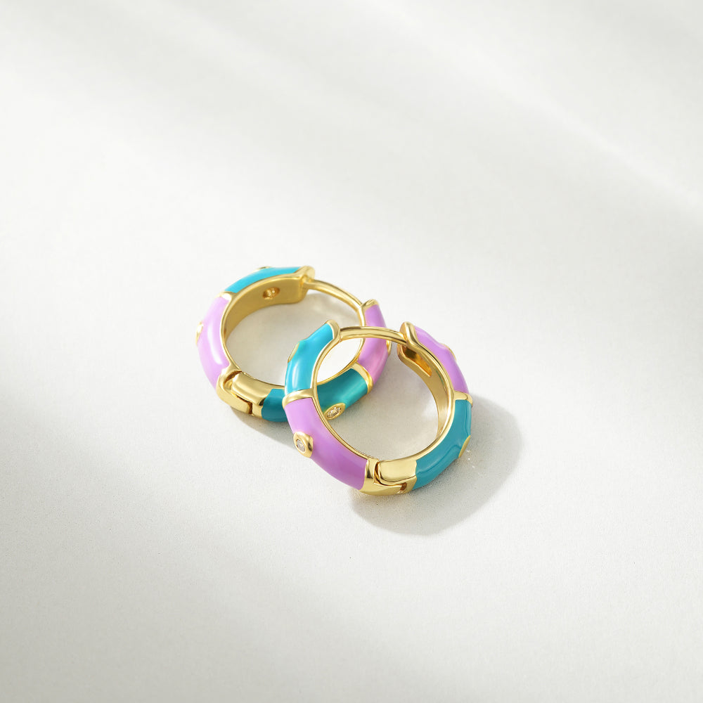 Dainty Dual-color Enamel Small Hoop Colorful Cute Huggie Earrings Color with Blue-Purple