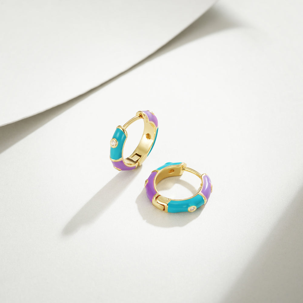 Dainty Dual-color Enamel Small Hoop Colorful Cute Huggie Earrings Color with Blue-Purple