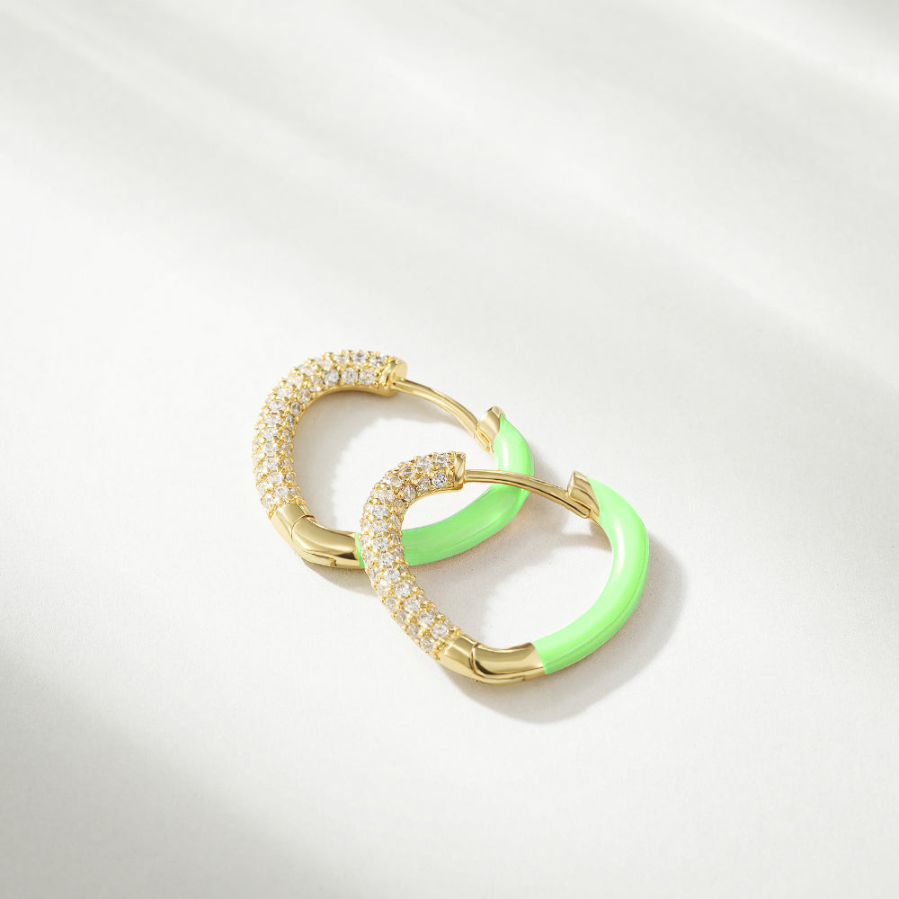 Green Enamel Heart Huggie Hoop Earrings