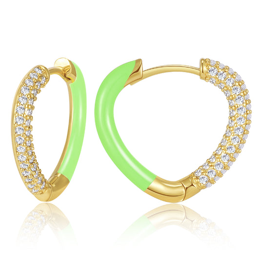 Green Enamel Heart Huggie Hoop Earrings