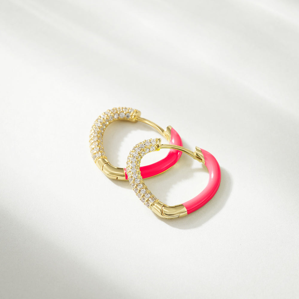 Rose Enamel Heart Huggie Hoop Earrings