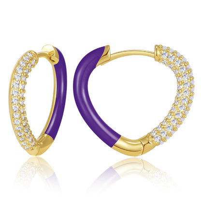 Enamel Heart-shaped Huggie Hoop Earrings - Purple