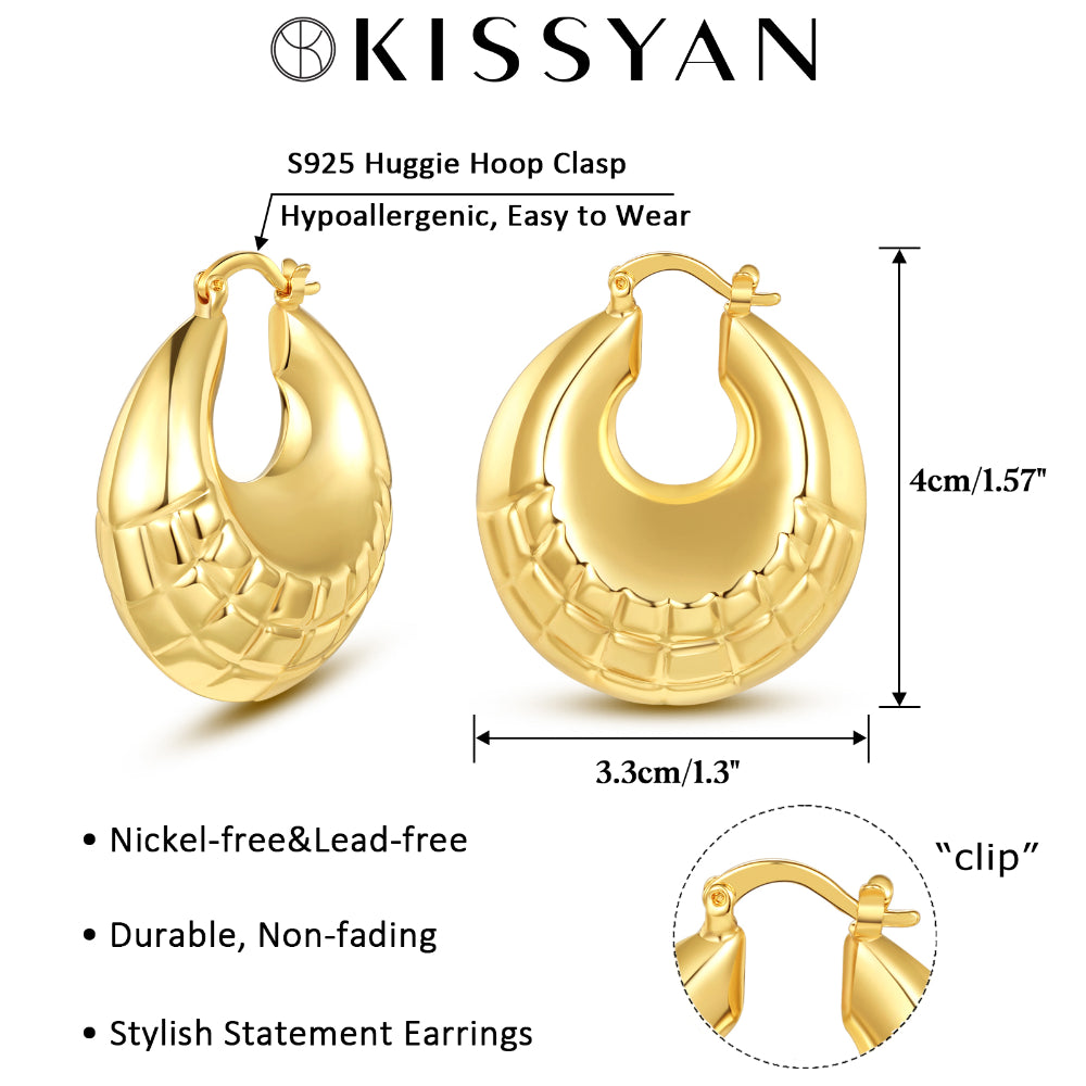 Thick Chunky Croissant Hoop Earrings 14K Gold