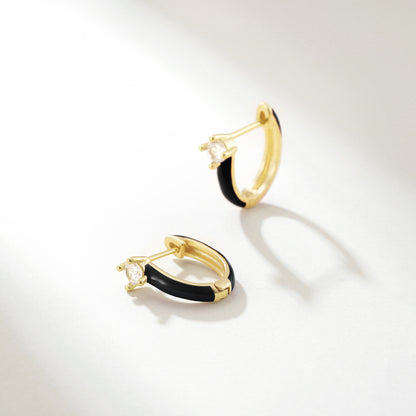 Gold Huggie Enamel Earrings Colorful Small Hoop Cuff Earrings-Black