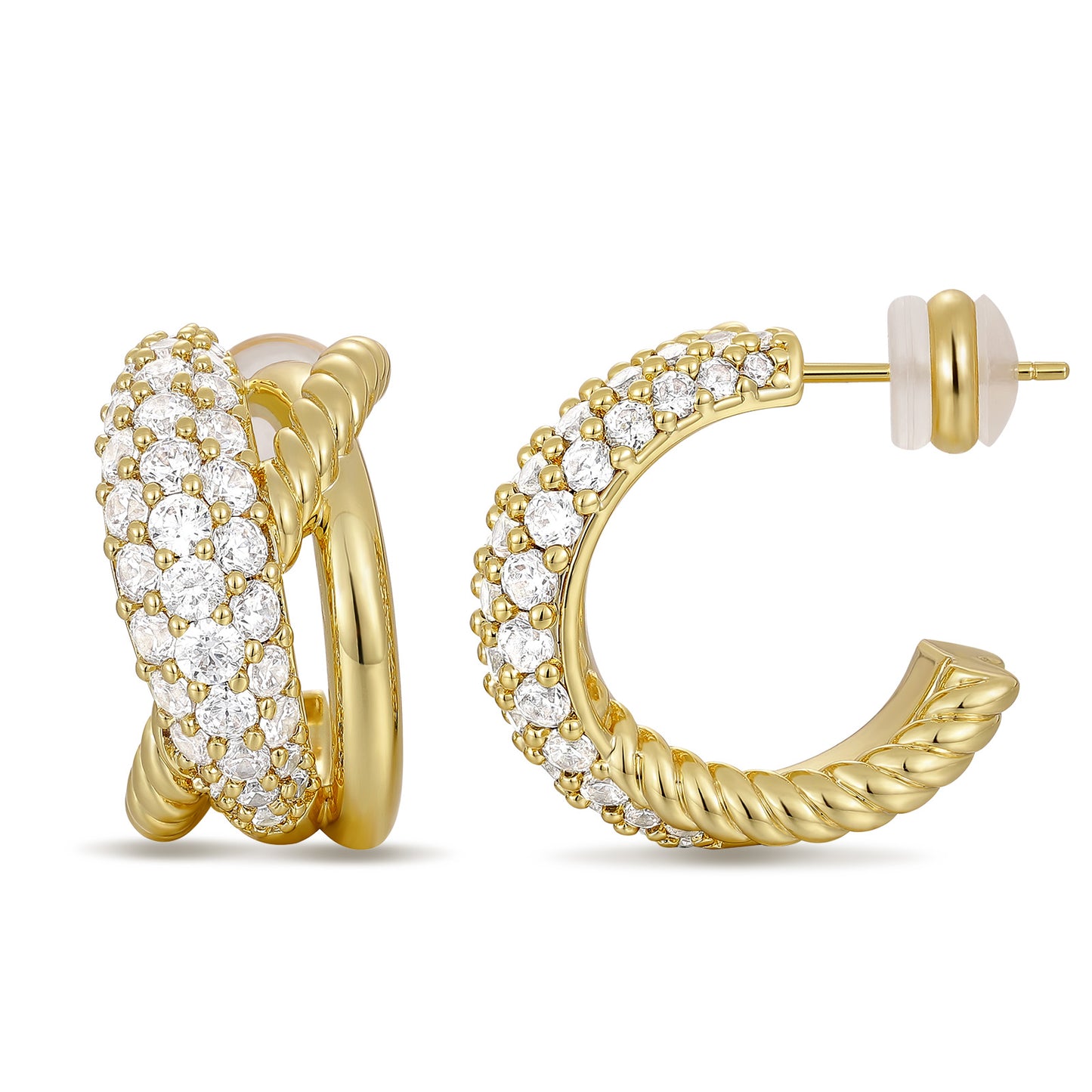 14K Gold Plated Cubic Zirconia Triple Open Hoops C Shape Wrap Earrings