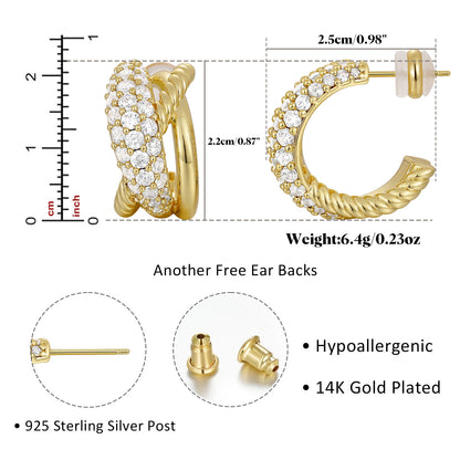 14K Gold Plated Cubic Zirconia Triple Open Hoops C Shape Wrap Earrings