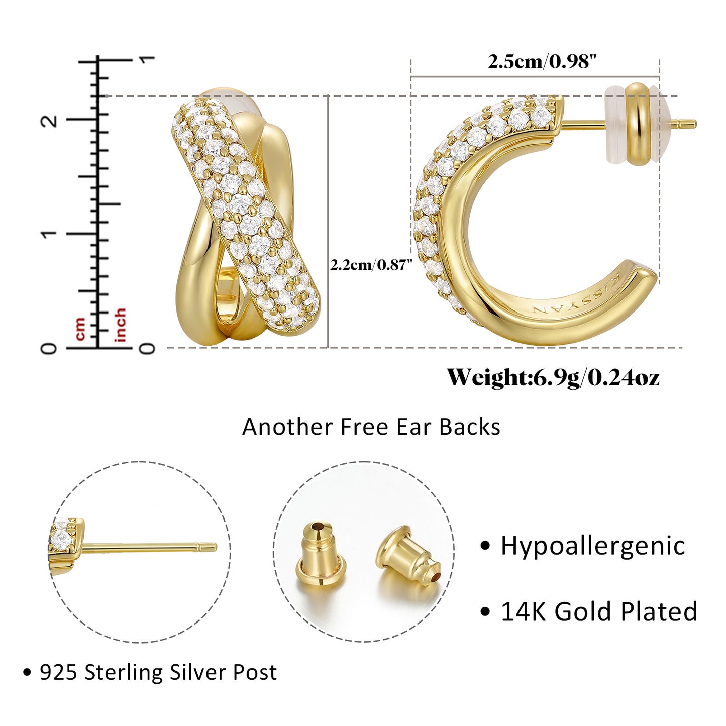 14K Gold Plated Cubic Zirconia Triple Open Hoops C Shape Wrap Earrings