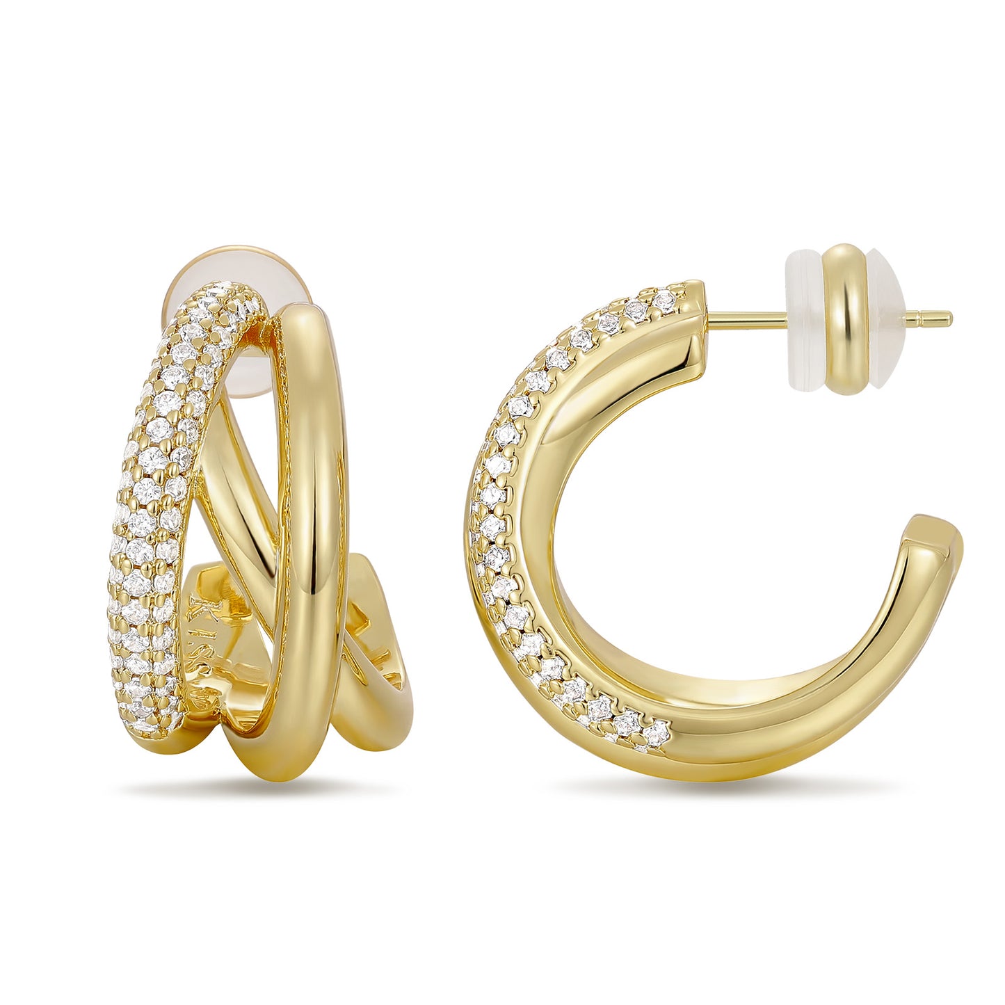 14K Gold Plated Cubic Zirconia Triple Open Hoops C Shape Wrap Earrings