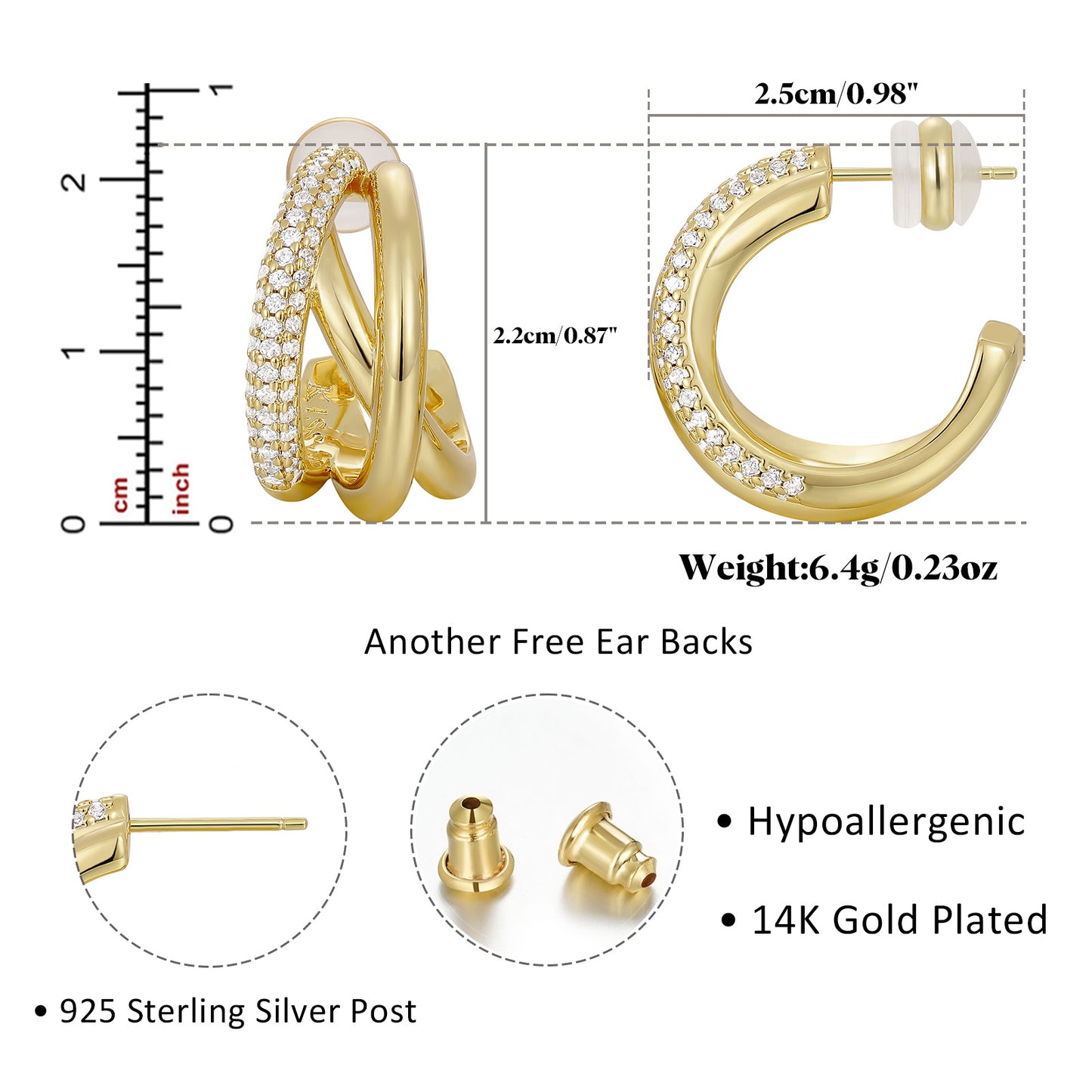 14K Gold Plated Cubic Zirconia Triple Open Hoops C Shape Wrap Earrings