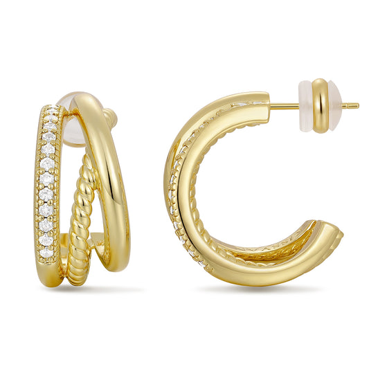 14K Gold Plated Cubic Zirconia Triple Open Hoops C Shape Wrap Earrings