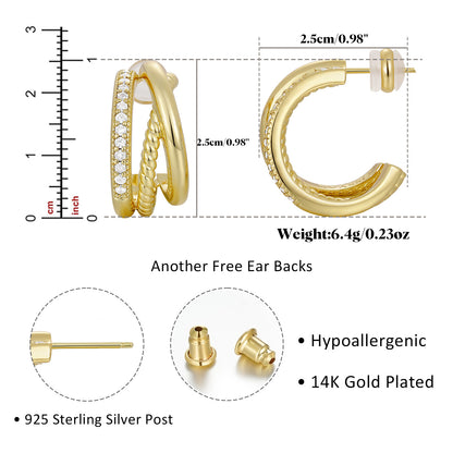 14K Gold Plated Cubic Zirconia Triple Open Hoops C Shape Wrap Earrings