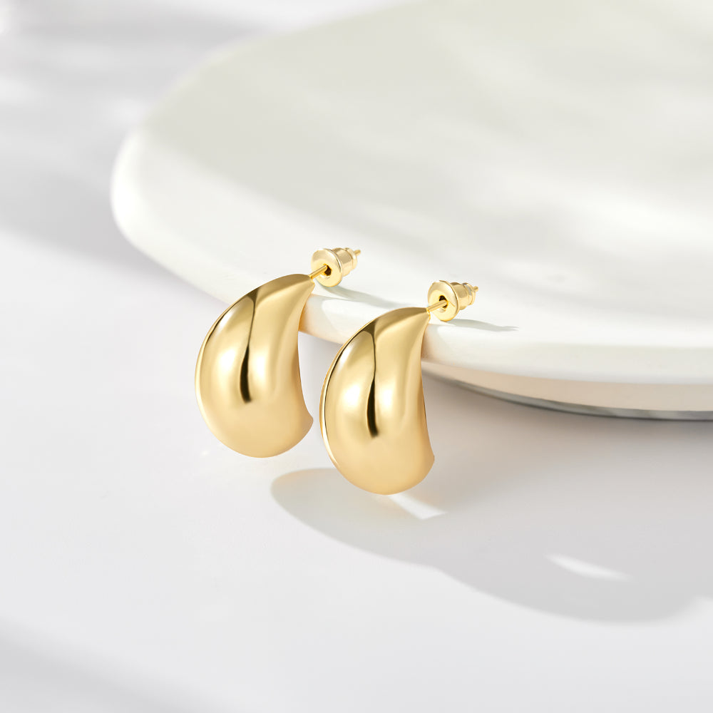 14K Gold Plated Thick Chunky Gold Hoop Earrings- Lightweight Teardrop Hoop